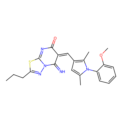 (6E)-5-imino-6-[[1-(2-methoxyphenyl)-2,5-dimethylpyrrol-3-yl]methylidene]-2-propyl-[1,3,4]thiadiazolo[3,2-a]pyrimidin-7-one structure