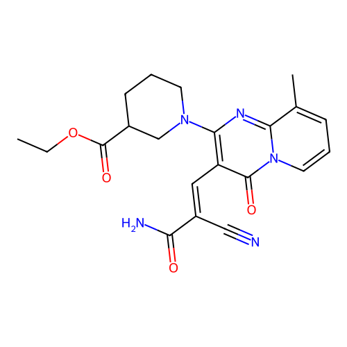(E)-ethyl 1-(3-(3-amino-2-cyano-3-oxoprop-1-en-1-yl)-9-methyl-4-oxo-4H-pyrido[1,2-a]pyrimidin-2-yl)piperidine-3-carboxylate structure