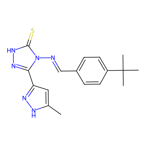(E)-4-((4-(tert-butyl)benzylidene)amino)-5-(3-methyl-1H-pyrazol-5-yl)-4H-1,2,4-triazole-3-thiol structure