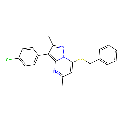 7-(Benzylsulfanyl)-3-(4-chlorophenyl)-2,5-dimethylpyrazolo[1,5-a]pyrimidine structure