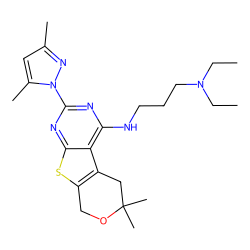 N'-[2-(3,5-dimethyl-1H-pyrazol-1-yl)-6,6-dimethyl-5,8-dihydro-6H-pyrano[4',3':4,5]thieno[2,3-d]pyrimidin-4-yl]-N,N-diethylpropane-1,3-diamine structure