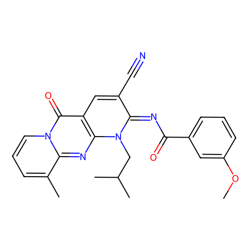 (E)-N-(3-cyano-1-isobutyl-10-methyl-5-oxo-1H-dipyrido[1,2-a:2',3'-d]pyrimidin-2(5H)-ylidene)-3-methoxybenzamide structure