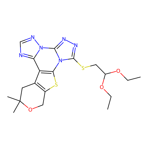 7-((2,2-diethoxyethyl)thio)-12,12-dimethyl-12,13-dihydro-10H-pyrano[4',3':4,5]thieno[3,2-e]bis([1,2,4]triazolo)[4,3-a:1',5'-c]pyrimidine structure