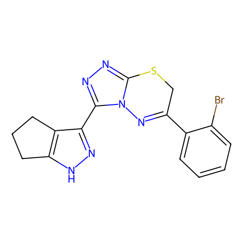 6-(2-bromophenyl)-3-(1,4,5,6-tetrahydrocyclopenta[c]pyrazol-3-yl)-7H-[1,2,4]triazolo[3,4-b][1,3,4]thiadiazine structure
