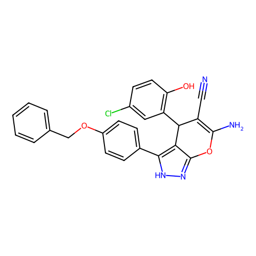 6-amino-3-(4-(benzyloxy)phenyl)-4-(5-chloro-2-hydroxyphenyl)-1,4-dihydropyrano[2,3-c]pyrazole-5-carbonitrile structure