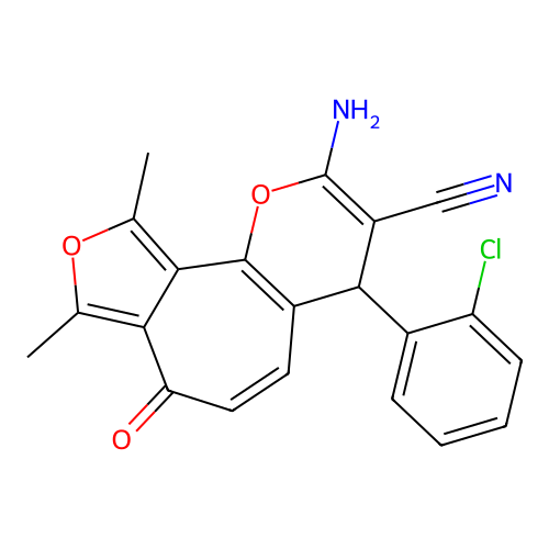 2-amino-4-(2-chlorophenyl)-8,10-dimethyl-7-oxo-4,7-dihydrofuro[3',4':6,7]cyclohepta[1,2-b]pyran-3-carbonitrile structure