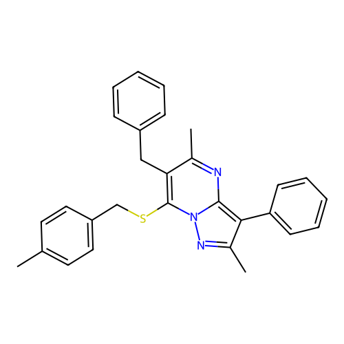 6-benzyl-2,5-dimethyl-7-[(4-methylbenzyl)sulfanyl]-3-phenylpyrazolo[1,5-a]pyrimidine structure