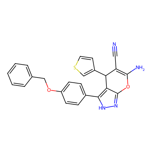 6-amino-3-(4-(benzyloxy)phenyl)-4-(thiophen-3-yl)-1,4-dihydropyrano[2,3-c]pyrazole-5-carbonitrile structure