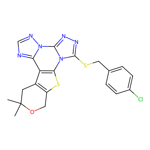 7-[(4-chlorobenzyl)sulfanyl]-12,12-dimethyl-12,13-dihydro-10H-pyrano[4',3':4,5]thieno[3,2-e]bis[1,2,4]triazolo[4,3-a:1',5'-c]pyrimidine structure