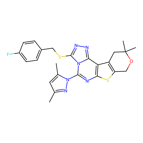 5-(3,5-dimethyl-1H-pyrazol-1-yl)-3-((4-fluorobenzyl)thio)-10,10-dimethyl-10,11-dihydro-8H-pyrano[4',3':4,5]thieno[3,2-e][1,2,4]triazolo[4,3-c]pyrimidine structure