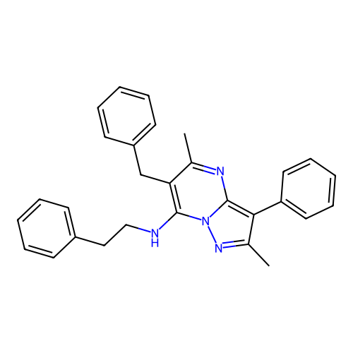 6-benzyl-2,5-dimethyl-3-phenyl-N-(2-phenylethyl)pyrazolo[1,5-a]pyrimidin-7-amine structure