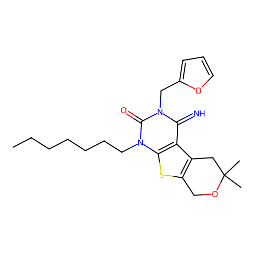 3-(furan-2-ylmethyl)-1-heptyl-4-imino-6,6-dimethyl-1,3,4,5,6,8-hexahydro-2H-pyrano[4',3':4,5]thieno[2,3-d]pyrimidin-2-one structure