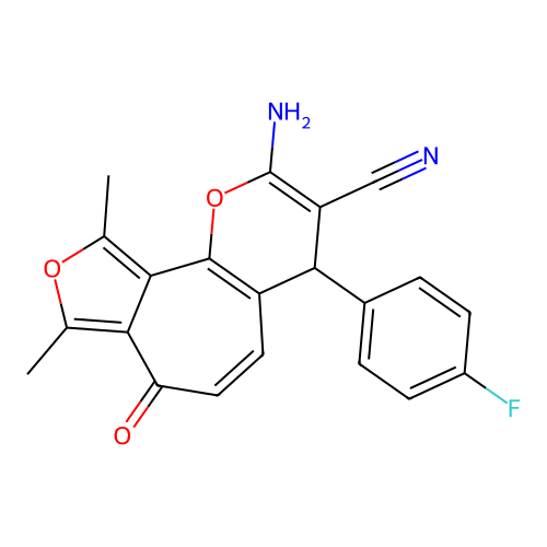 2-amino-4-(4-fluorophenyl)-8,10-dimethyl-7-oxo-4H,7H-furo[3',4':6,7]cyclohepta[1,2-b]pyran-3-carbonitrile structure