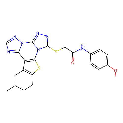 N-(4-methoxyphenyl)-2-((12-methyl-10,11,12,13-tetrahydrobenzo[4,5]thieno[3,2-e]bis([1,2,4]triazolo)[4,3-a:1',5'-c]pyrimidin-7-yl)thio)acetamide structure