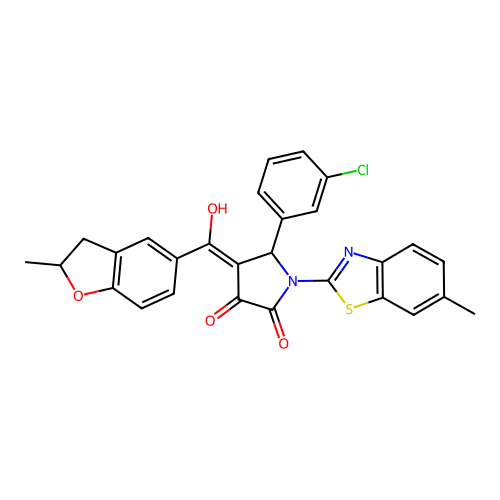 (4E)-5-(3-chlorophenyl)-4-[hydroxy(2-methyl-2,3-dihydro-1-benzofuran-5-yl)methylidene]-1-(6-methyl-1,3-benzothiazol-2-yl)pyrrolidine-2,3-dione structure