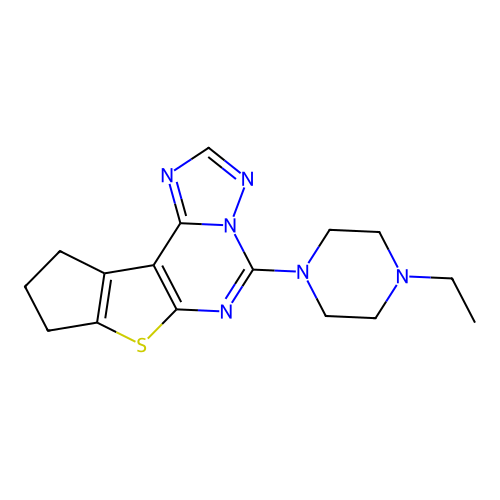 5-(4-ethylpiperazin-1-yl)-9,10-dihydro-8H-cyclopenta[4,5]thieno[3,2-e][1,2,4]triazolo[1,5-c]pyrimidine structure