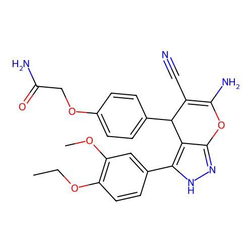 2-(4-(6-amino-5-cyano-3-(4-ethoxy-3-methoxyphenyl)-1,4-dihydropyrano[2,3-c]pyrazol-4-yl)phenoxy)acetamide structure