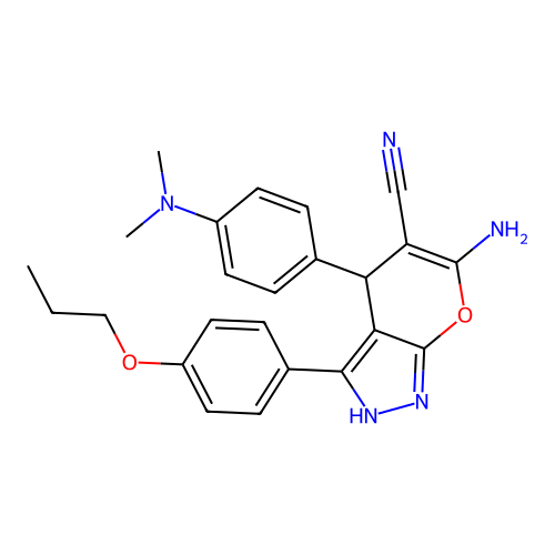 6-amino-4-(4-(dimethylamino)phenyl)-3-(4-propoxyphenyl)-1,4-dihydropyrano[2,3-c]pyrazole-5-carbonitrile structure