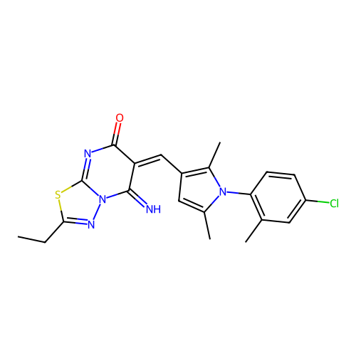(6E)-6-[[1-(4-chloro-2-methylphenyl)-2,5-dimethylpyrrol-3-yl]methylidene]-2-ethyl-5-imino-[1,3,4]thiadiazolo[3,2-a]pyrimidin-7-one structure