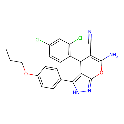 6-amino-4-(2,4-dichlorophenyl)-3-(4-propoxyphenyl)-2,4-dihydropyrano[2,3-c]pyrazole-5-carbonitrile structure