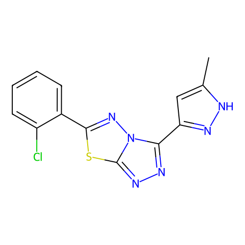 6-(2-chlorophenyl)-3-(3-methylpyrazol-5-yl)-1,2,4-triazolo[3,4-b]1,3,4-thiadia zoline structure