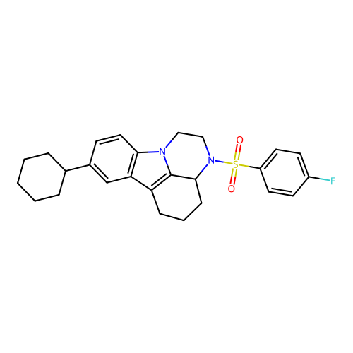 8-cyclohexyl-3-((4-fluorophenyl)sulfonyl)-2,3,3a,4,5,6-hexahydro-1H-pyrazino[3,2,1-jk]carbazole structure