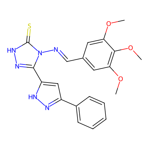 (E)-5-(3-phenyl-1H-pyrazol-5-yl)-4-((3,4,5-trimethoxybenzylidene)amino)-4H-1,2,4-triazole-3-thiol structure