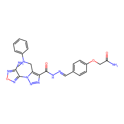 (E)-2-(4-((2-(1-(4-amino-1,2,5-oxadiazol-3-yl)-5-((methyl(phenyl)amino)methyl)-1H-1,2,3-triazole-4-carbonyl)hydrazono)methyl)phenoxy)acetamide structure