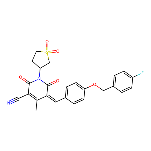 (5Z)-1-(1,1-dioxidotetrahydrothiophen-3-yl)-5-{4-[(4-fluorobenzyl)oxy]benzylidene}-4-methyl-2,6-dioxo-1,2,5,6-tetrahydropyridine-3-carbonitrile structure