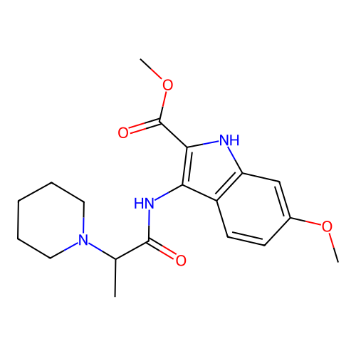 methyl 6-methoxy-3-{[2-(piperidin-1-yl)propanoyl]amino}-1H-indole-2-carboxylate structure