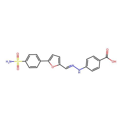 4-[(2E)-2-{[5-(4-sulfamoylphenyl)furan-2-yl]methylidene}hydrazinyl]benzoic acid structure
