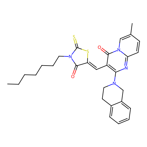 2-(3,4-dihydroisoquinolin-2(1H)-yl)-3-[(Z)-(3-heptyl-4-oxo-2-thioxo-1,3-thiazolidin-5-ylidene)methyl]-7-methyl-4H-pyrido[1,2-a]pyrimidin-4-one structure