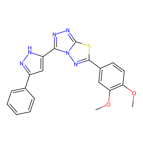 6-(3,4-dimethoxyphenyl)-3-(3-phenyl-1H-pyrazol-5-yl)-[1,2,4]triazolo[3,4-b][1,3,4]thiadiazole structure