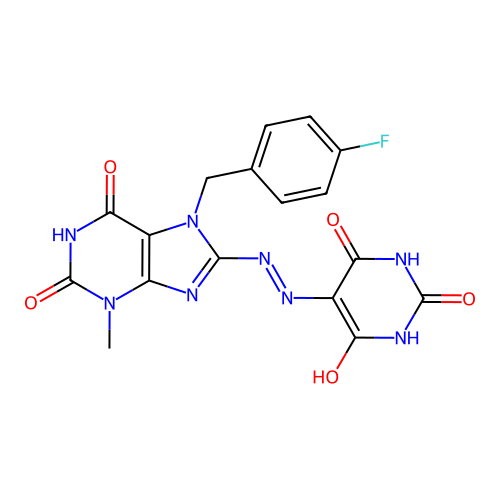 5-(2-(7-(4-fluorobenzyl)-3-methyl-2,6-dioxo-2,3,6,7-tetrahydro-1H-purin-8-yl)hydrazono)pyrimidine-2,4,6(1H,3H,5H)-trione structure