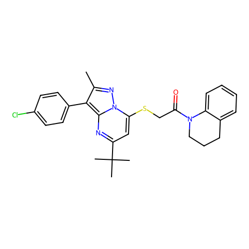 2-((5-(tert-butyl)-3-(4-chlorophenyl)-2-methylpyrazolo[1,5-a]pyrimidin-7-yl)thio)-1-(3,4-dihydroquinolin-1(2H)-yl)ethanone structure