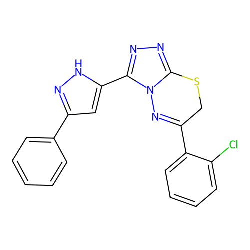 6-(2-chlorophenyl)-3-(3-phenyl-1H-pyrazol-5-yl)-7H-[1,2,4]triazolo[3,4-b][1,3,4]thiadiazine structure