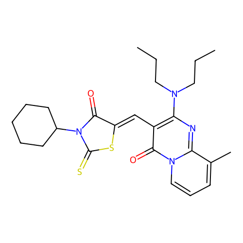 3-[(Z)-(3-cyclohexyl-4-oxo-2-thioxo-1,3-thiazolidin-5-ylidene)methyl]-2-(dipropylamino)-9-methyl-4H-pyrido[1,2-a]pyrimidin-4-one structure