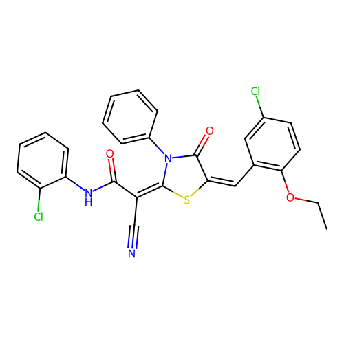 (2E)-2-[(5E)-5-[(5-chloro-2-ethoxyphenyl)methylidene]-4-oxo-3-phenyl-1,3-thiazolidin-2-ylidene]-N-(2-chlorophenyl)-2-cyanoacetamide structure