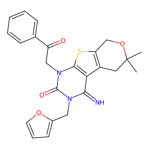 3-(furan-2-ylmethyl)-4-imino-6,6-dimethyl-1-(2-oxo-2-phenylethyl)-1,3,4,5,6,8-hexahydro-2H-pyrano[4',3':4,5]thieno[2,3-d]pyrimidin-2-one structure