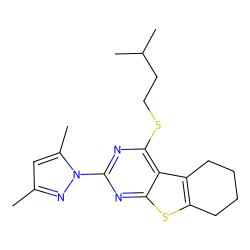 2-(3,5-dimethyl-1H-pyrazol-1-yl)-4-(isopentylthio)-5,6,7,8-tetrahydrobenzo[4,5]thieno[2,3-d]pyrimidine structure