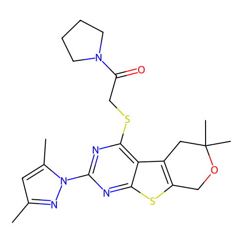 2-((2-(3,5-dimethyl-1H-pyrazol-1-yl)-6,6-dimethyl-6,8-dihydro-5H-pyrano[4',3':4,5]thieno[2,3-d]pyrimidin-4-yl)thio)-1-(pyrrolidin-1-yl)ethanone structure