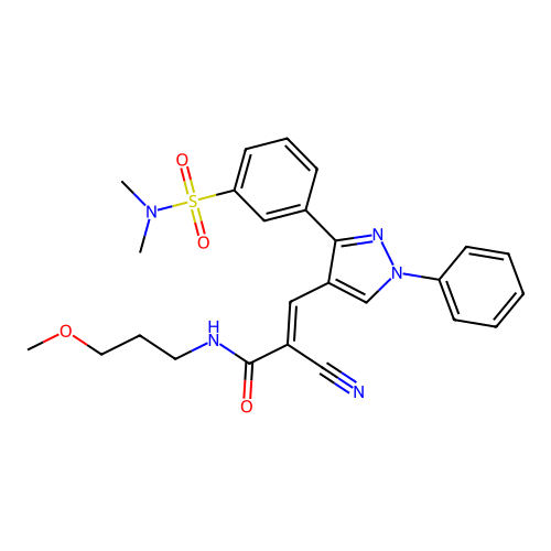 (E)-2-cyano-3-(3-(3-(N,N-dimethylsulfamoyl)phenyl)-1-phenyl-1H-pyrazol-4-yl)-N-(3-methoxypropyl)acrylamide structure