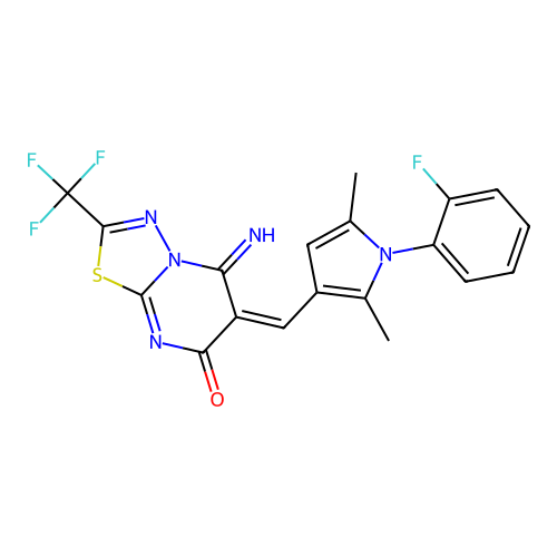 (E)-6-((1-(2-fluorophenyl)-2,5-dimethyl-1H-pyrrol-3-yl)methylene)-5-imino-2-(trifluoromethyl)-5H-[1,3,4]thiadiazolo[3,2-a]pyrimidin-7(6H)-one structure