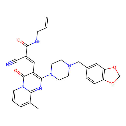 (2E)-3-{2-[4-(1,3-benzodioxol-5-ylmethyl)piperazin-1-yl]-9-methyl-4-oxo-4H-pyrido[1,2-a]pyrimidin-3-yl}-2-cyano-N-(prop-2-en-1-yl)prop-2-enamide structure