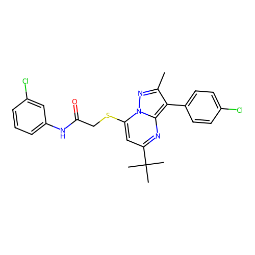2-{[5-tert-butyl-3-(4-chlorophenyl)-2-methylpyrazolo[1,5-a]pyrimidin-7-yl]sulfanyl}-N-(3-chlorophenyl)acetamide structure