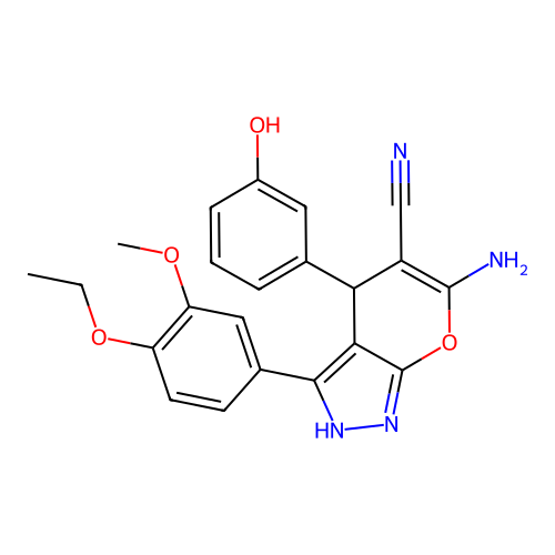 6-amino-3-(4-ethoxy-3-methoxyphenyl)-4-(3-hydroxyphenyl)-2,4-dihydropyrano[2,3-c]pyrazole-5-carbonitrile structure