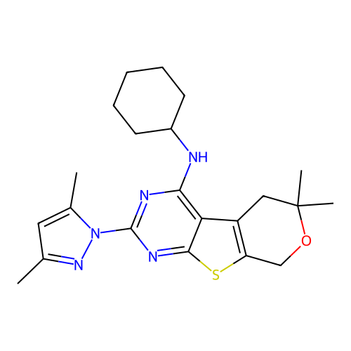 N-cyclohexyl-2-(3,5-dimethyl-1H-pyrazol-1-yl)-6,6-dimethyl-5,8-dihydro-6H-pyrano[4',3':4,5]thieno[2,3-d]pyrimidin-4-amine structure