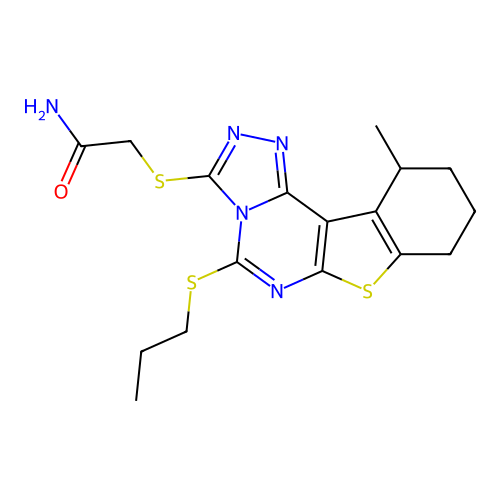 2-((11-methyl-5-(propylthio)-8,9,10,11-tetrahydrobenzo[4,5]thieno[3,2-e][1,2,4]triazolo[4,3-c]pyrimidin-3-yl)thio)acetamide structure