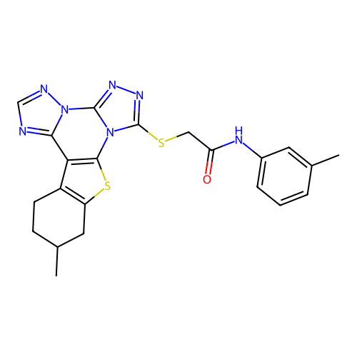 2-((11-methyl-10,11,12,13-tetrahydrobenzo[4,5]thieno[3,2-e]bis([1,2,4]triazolo)[4,3-a:1',5'-c]pyrimidin-7-yl)thio)-N-(m-tolyl)acetamide structure