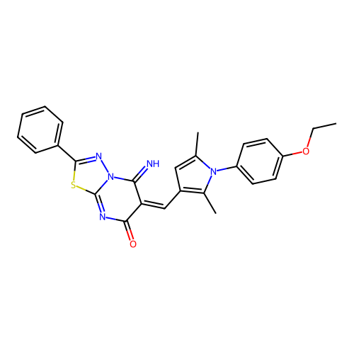 (E)-6-((1-(4-ethoxyphenyl)-2,5-dimethyl-1H-pyrrol-3-yl)methylene)-5-imino-2-phenyl-5H-[1,3,4]thiadiazolo[3,2-a]pyrimidin-7(6H)-one structure